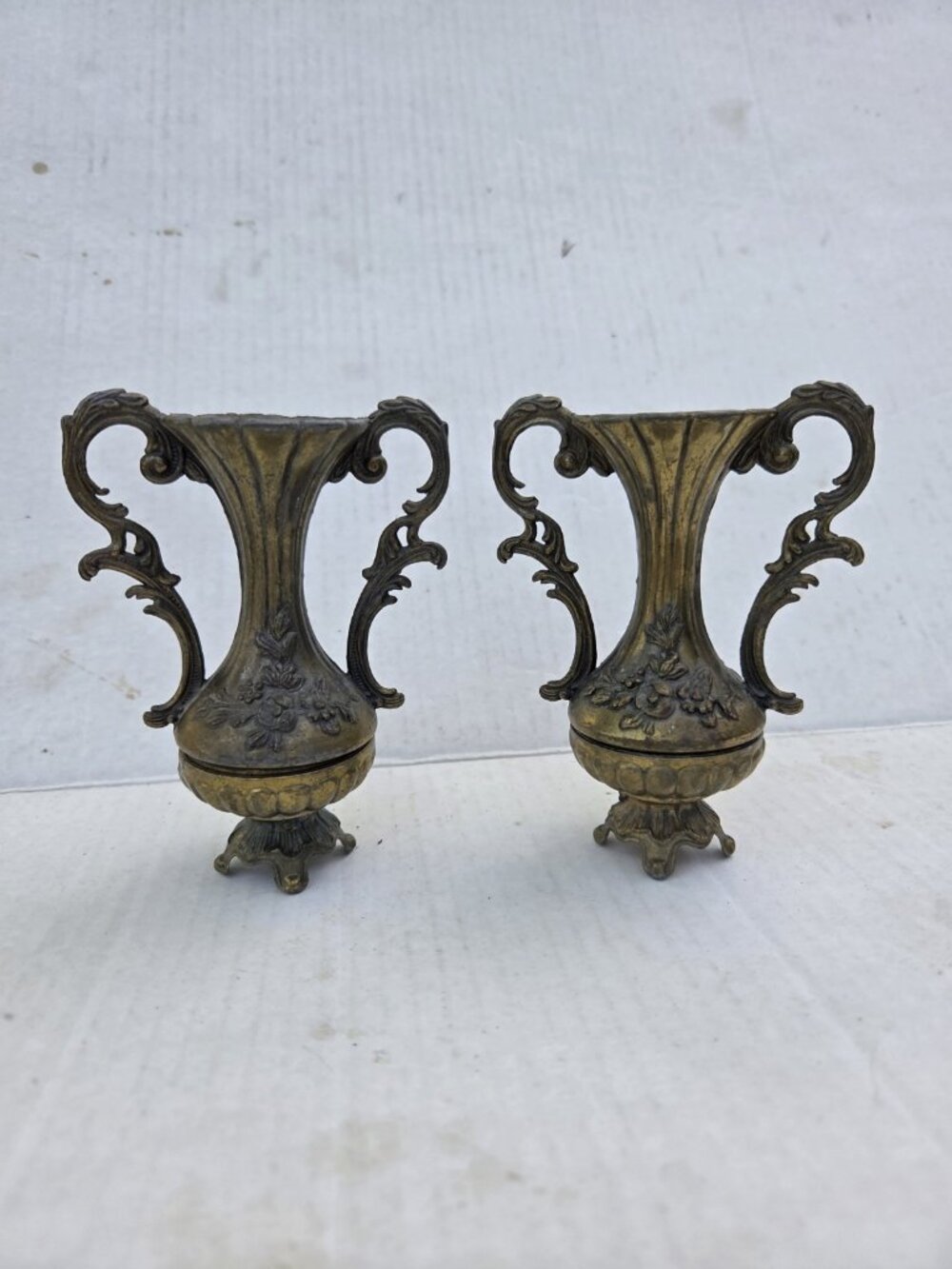 2 Vintage Mini Ornate Italian Footed Bud Vase Embossed Solid Brass Urn Italy